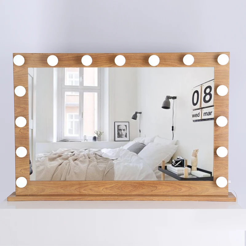 

Hot sale square frame (120*80cm)Desktop Style wood pattern Hollywood Makeup Mirror with USB