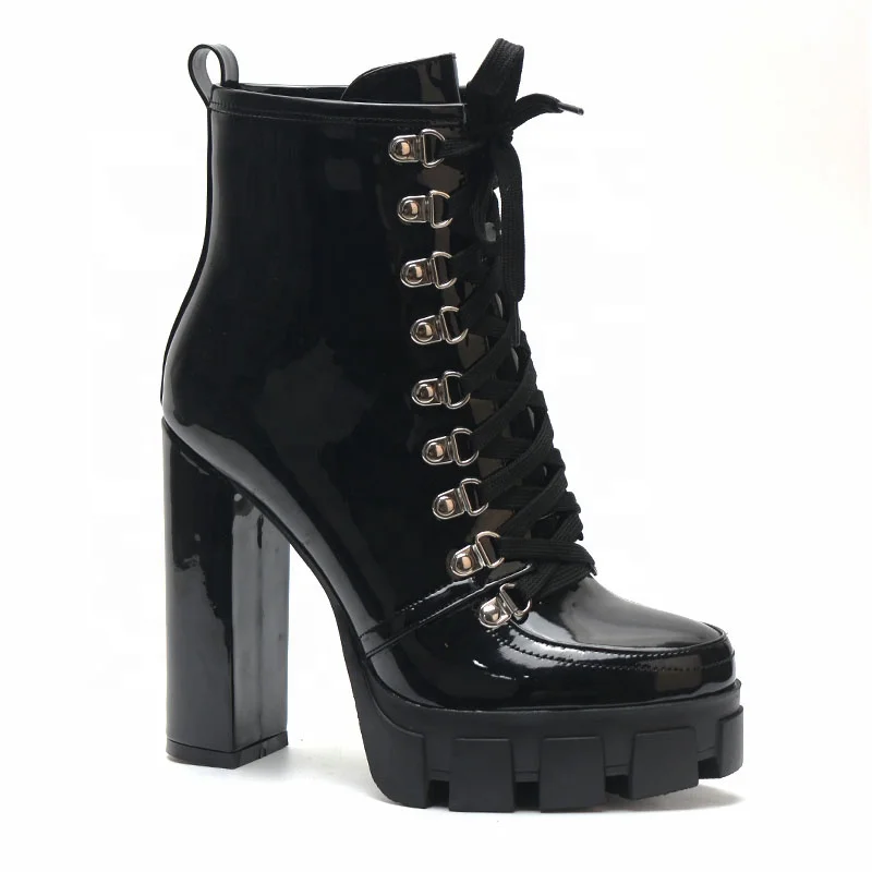 

Custom 2020 new design black chunky high heel lace up platform boots women shoes ladies ankle boots