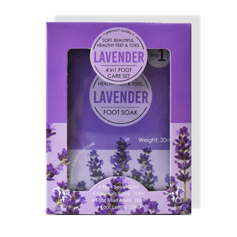 

Professional foot skin care lavender 4 step foot care set soak salt mud mask lotion personal care wholesale price ready to ship