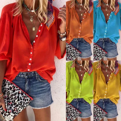 

Spot Europe and the United States new explosions solid color long-sleeved V-neck button blouse, Customized color