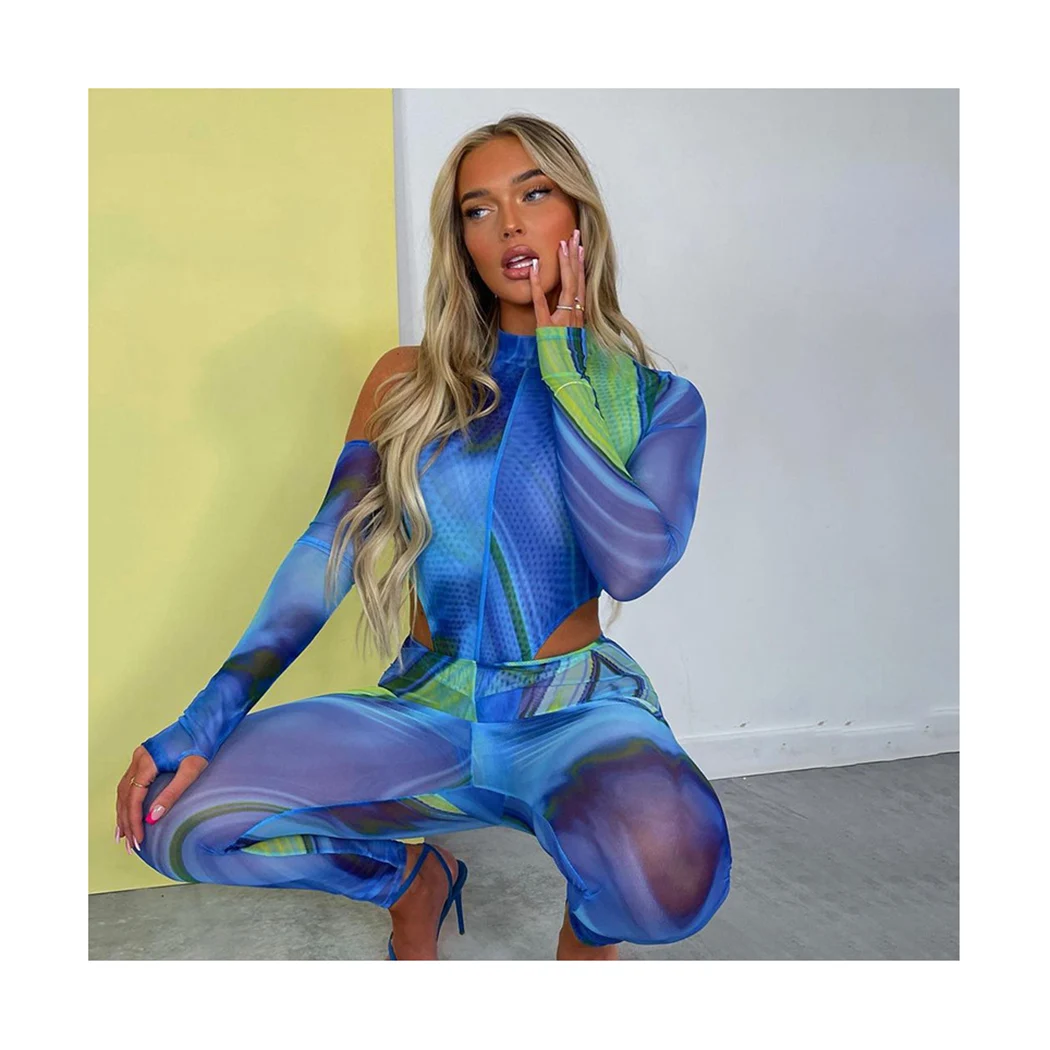 

2021 Autumn Hot Women Shirt Sets Ladies Pant Long Sleeve Individuality Sexy Bodycon Casual Colorful Printed Two Piece set, Customized color/as show