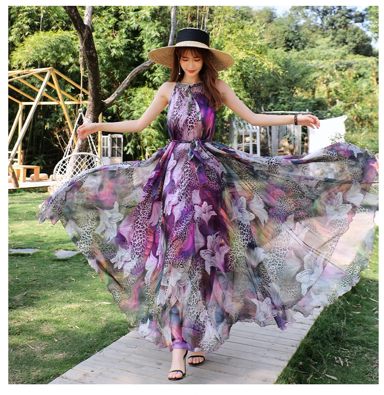 

Drop Shipping Bohemia Floral Leopard print Chiffon Maxi Dress Summer Holiday Beach Casual Dresses Plus Size Woman Long Dress