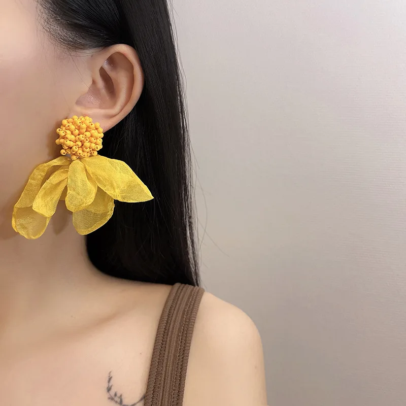 

New Trendy Design Simple Chiffon Flower Pendant Earrings Jewelry For Women