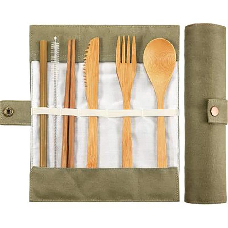 

Factory Directly Disposable Wooden Bamboo Tableware/ Flatware Set with Bamboo or Straw Packed in Bag For Camping, Pink, blue, green, black, white, beige