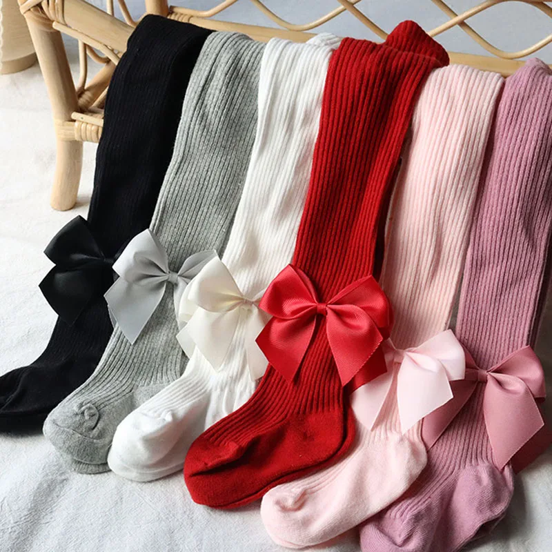 

Baby Girls Bow Tights Ribbed Cotton Knit Leggings Stockings Colorful 0-6t Infants Toddlers Spanish Style Pantyhose Tights