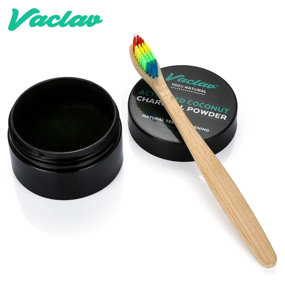 

Vaclav 1 Box Tooth Whitening Powder+1 Toothbrush Activated Coconut Charcoal Natural Teeth Whitening Charcoal Powder Stain Remove, Black