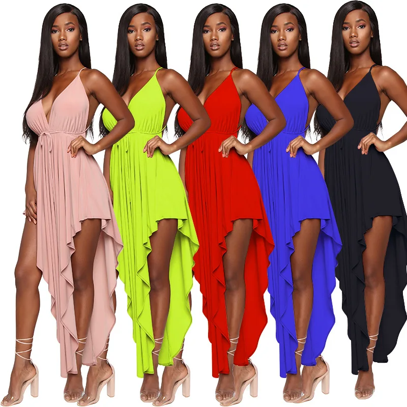 

90809-SW24 summer 5 colors hot girls halter long dress with tail