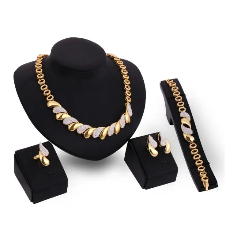 

New 4 Piece Women Fashion Luxury Saudi 18K Gold Plated Dubai Multi Crystal Wedding Gift African Bridal Jewelry Set