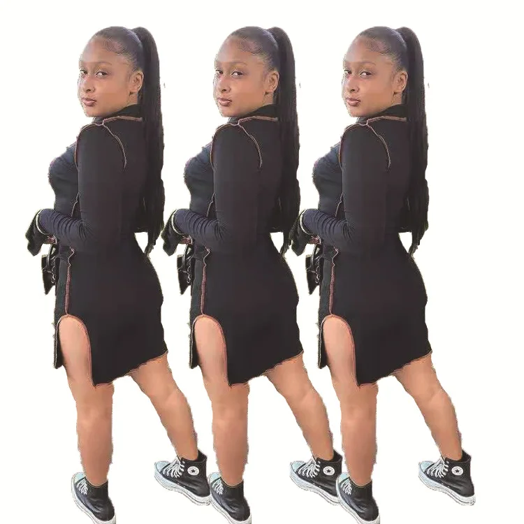 

2021 Spring bodycon stitched design mock neck flare sleeve side slit short one piece noche black color sexy african dress, Picture color