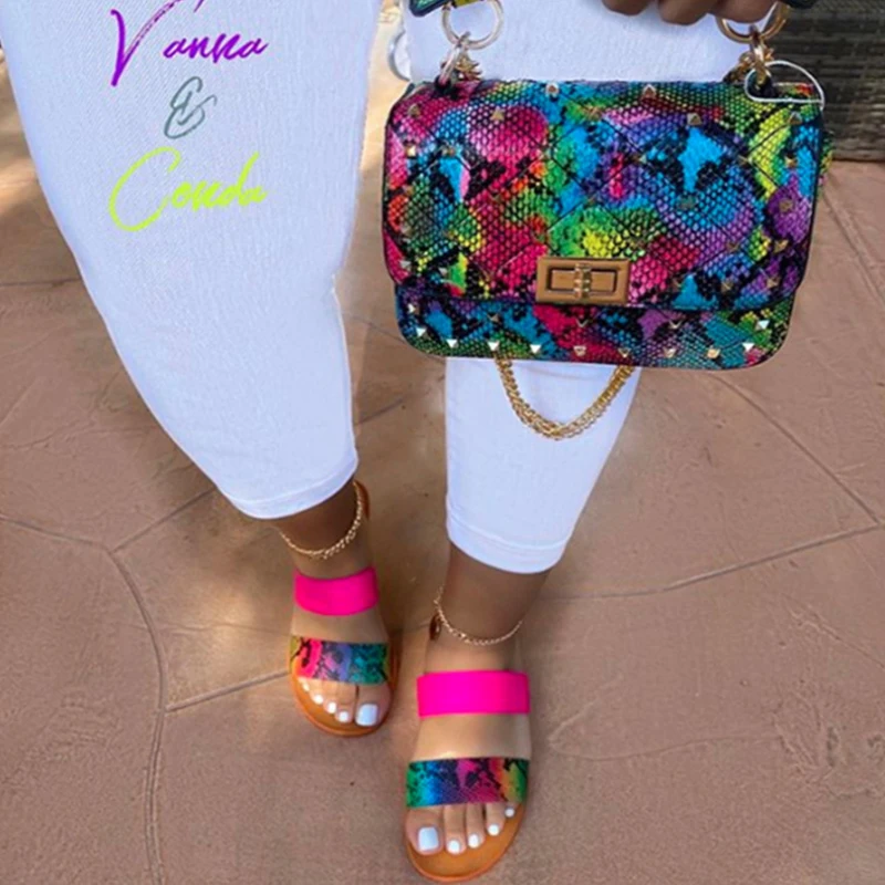 

Dropshipping wholesale matching shoes and handbags 2022 slippers snakeskin print purse and shoes sets