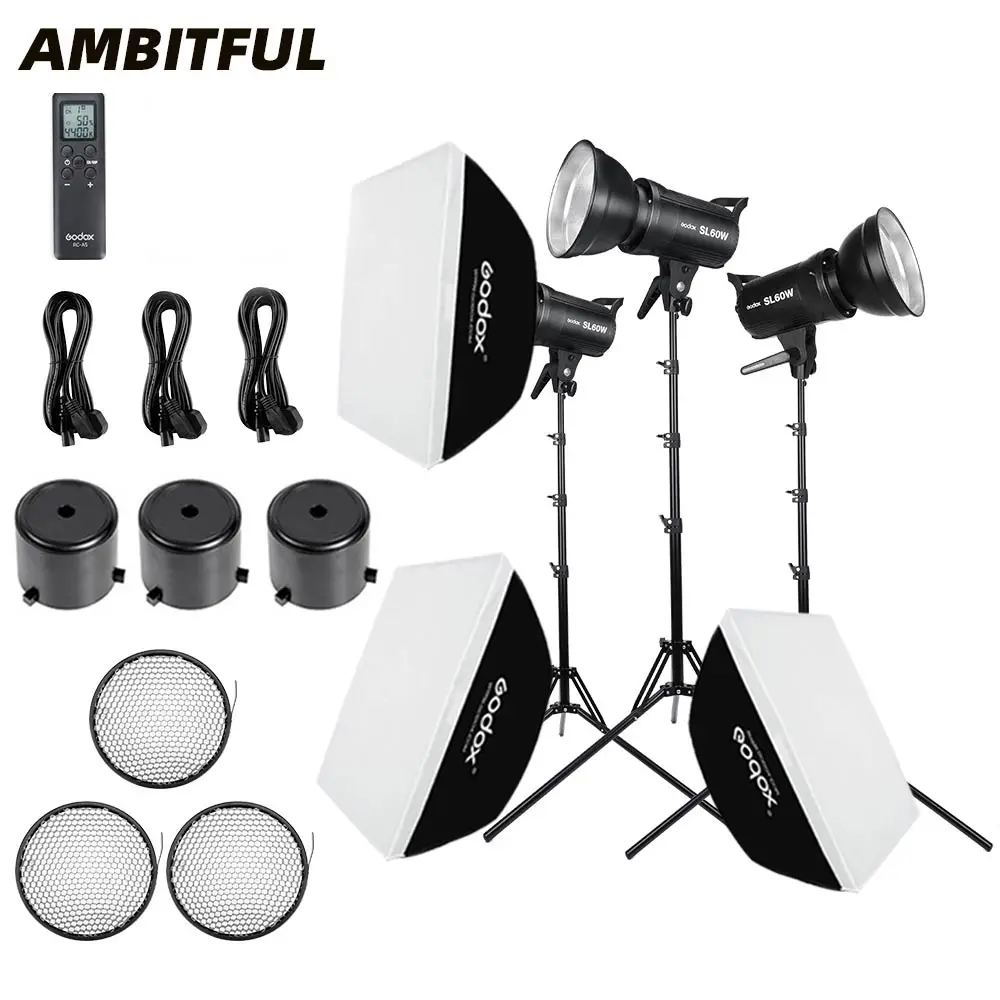 

inlighttech 3x Godox SL-60W 60Ws 5600K Video Professional Studio Photography Continuous LED Video Light Kit, Black