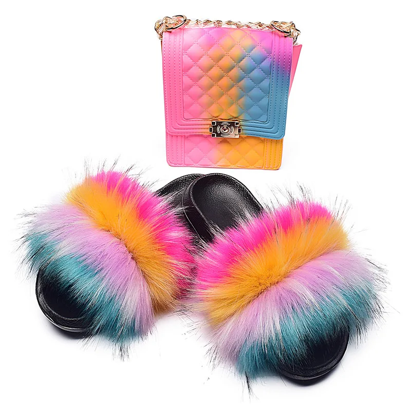 

Custom Fashion soft fluffy fox faux fur slippers for women slide sandals loafers, Picture