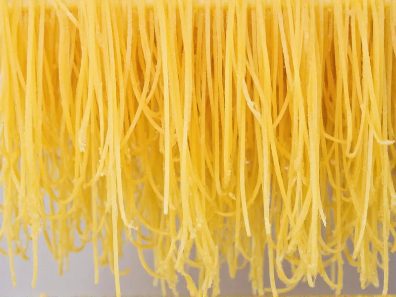 Freshly cut spaghetti strands on drying rack