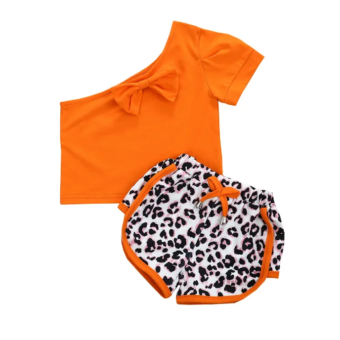 

Hot Sale Girls Summer Print Single Shoulder Short Sleeve T-shirt Leopard Set 1-4years Children Clothing, Orange