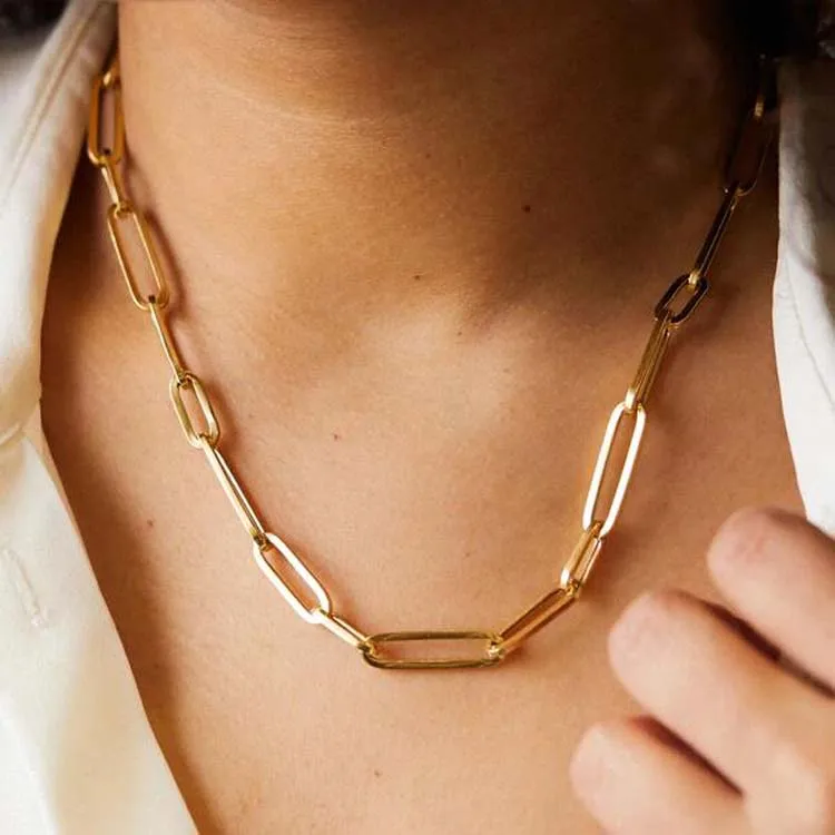 

Stainless Steel Jewelry Gold Plated Paper Clip Link Chain Necklace Girls Choker Rectangle Paperclip Chain Necklace, Gold, silver, rose gold