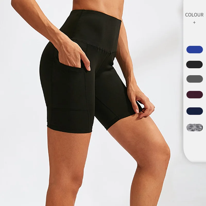 

High waist yoga shorts side pockets running training fast drying tight elastic fitness shorts