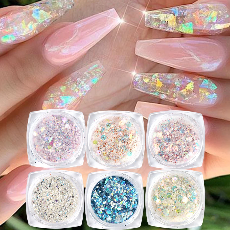 

6pcs Pink Cute Glitter Set Holographic Laser Powder Flake Manicure Ultra Thin Nail Art Sequin Chrome Pigment LE1539-19, Blue ,purple,light yellow,silver