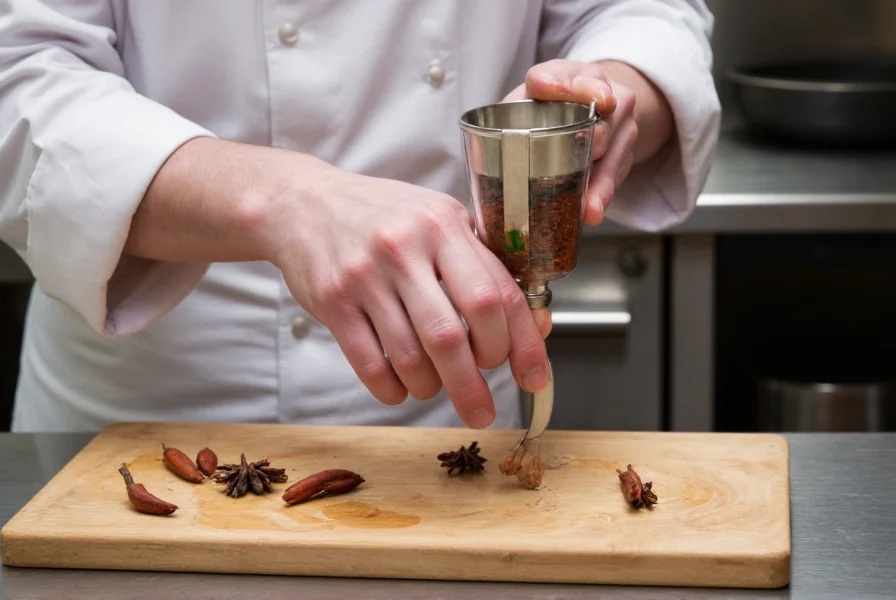 Chef measuring spices with precision in a professional kitchen setting