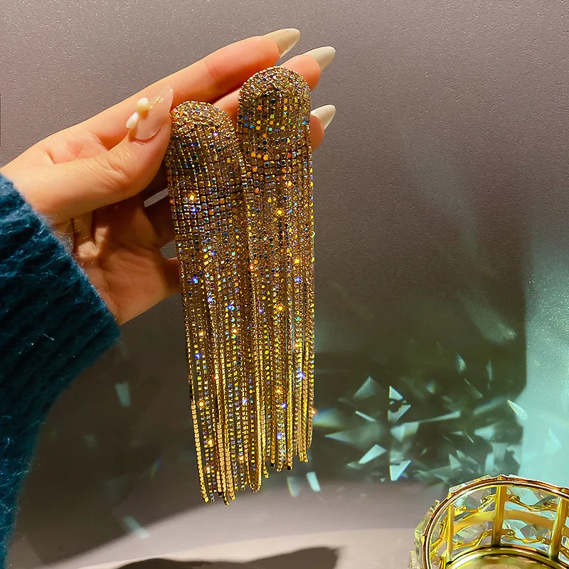 

Long Tassel Rhinestone Drop Earrings for Women Ovsize Crystal Dangle Earrings Fashion Jewelry, Gold