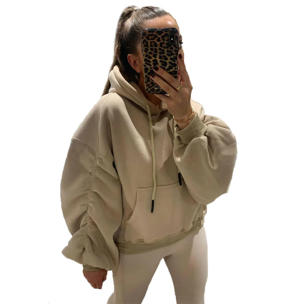 

Ladies Winter Solid Long Puff Sleeve Loose Thick Fleece Cotton Women's Pullover Hoodies Sweatshirts