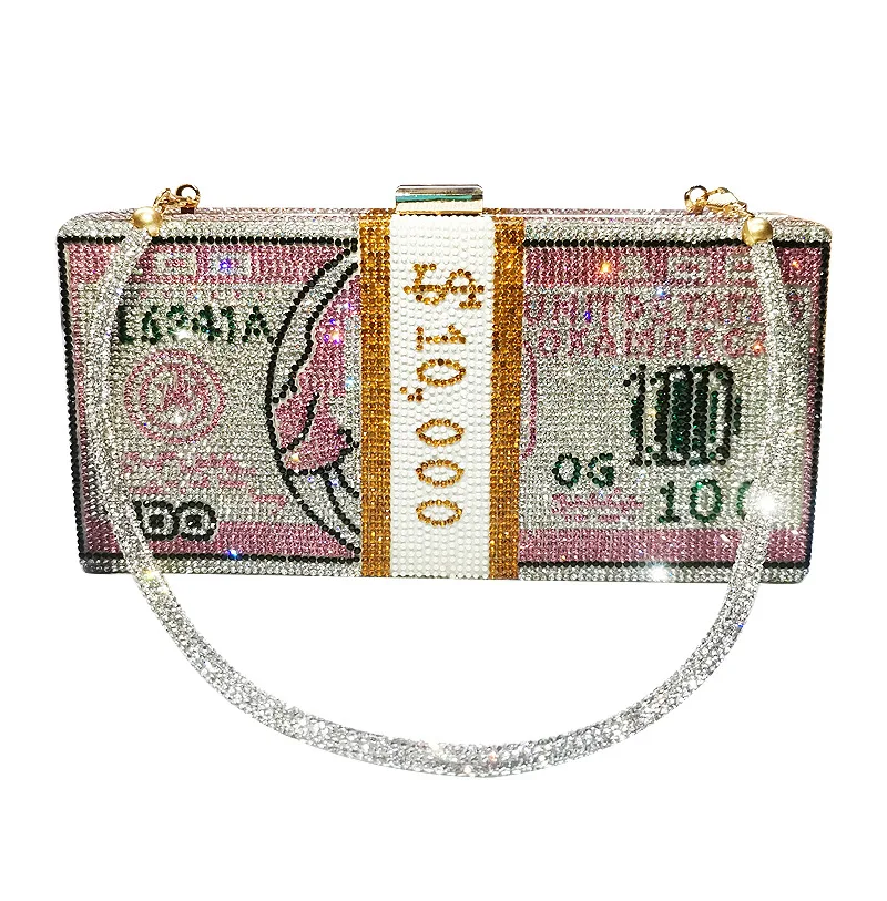 

2021 Latest Money Hand Bags USD Clutch Dollar Bags Bling Glitter Gold Chain Box Diamond Evening Purses