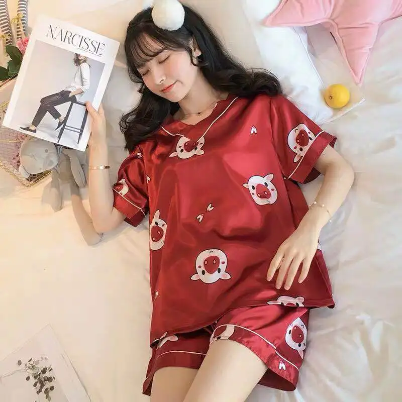 

FINETOO Women Pajamas Set Sleepwear V-neck Nightwear Imitate Ice Silk Night Wear for Female Pajamas, Customized color