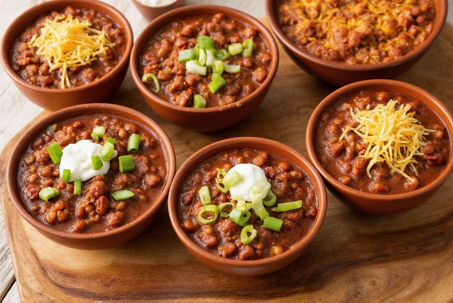 Variety of chili bowls with different toppings including cheese, sour cream, and green onions on a wooden table