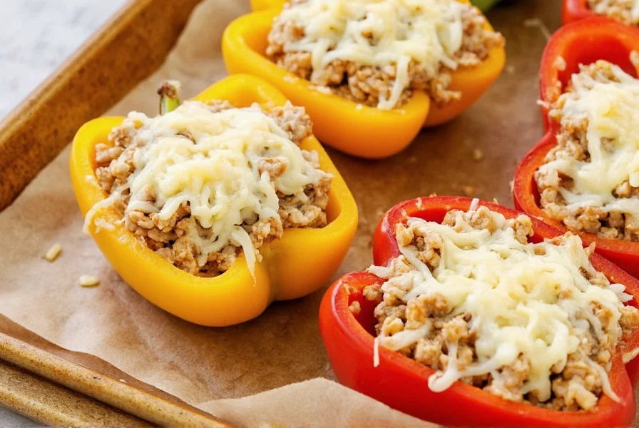 Colorful bell peppers stuffed with rice and ground turkey mixture topped with melted cheese on baking sheet