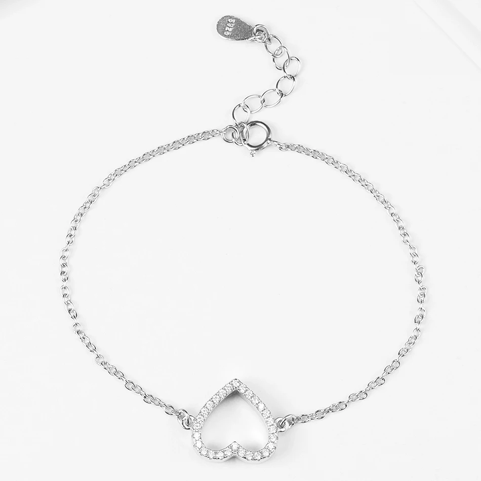 

Simple 925 Sterling Silver Bracelet Heart Bracelet with Clear Crystal For women Fashion Jewelry Gift