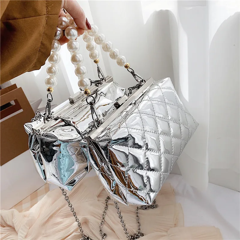 

Ladies Chains Pearl Handle Fashion Hand Bags Woman PU Leather Bag, As picture