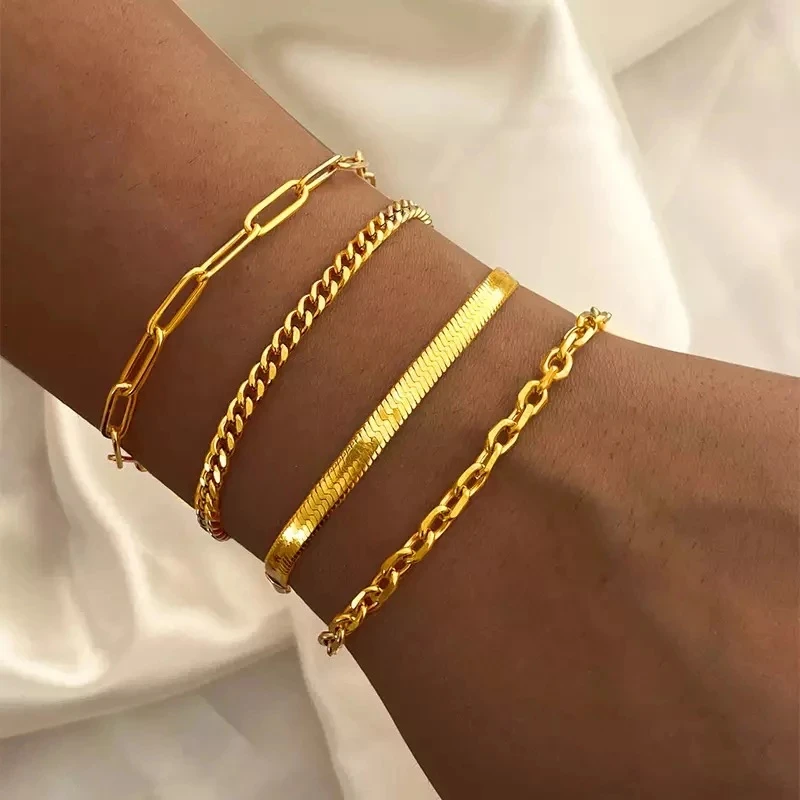 Miami Cuban Chain Bracelet Bangle Flat Snake Stacking 18K Gold Plated Stainless Steel Bracelet