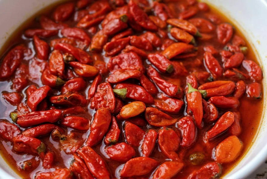 Dried chili peppers soaking in bowl with close-up of reconstituted peppers for authentic chili recipe