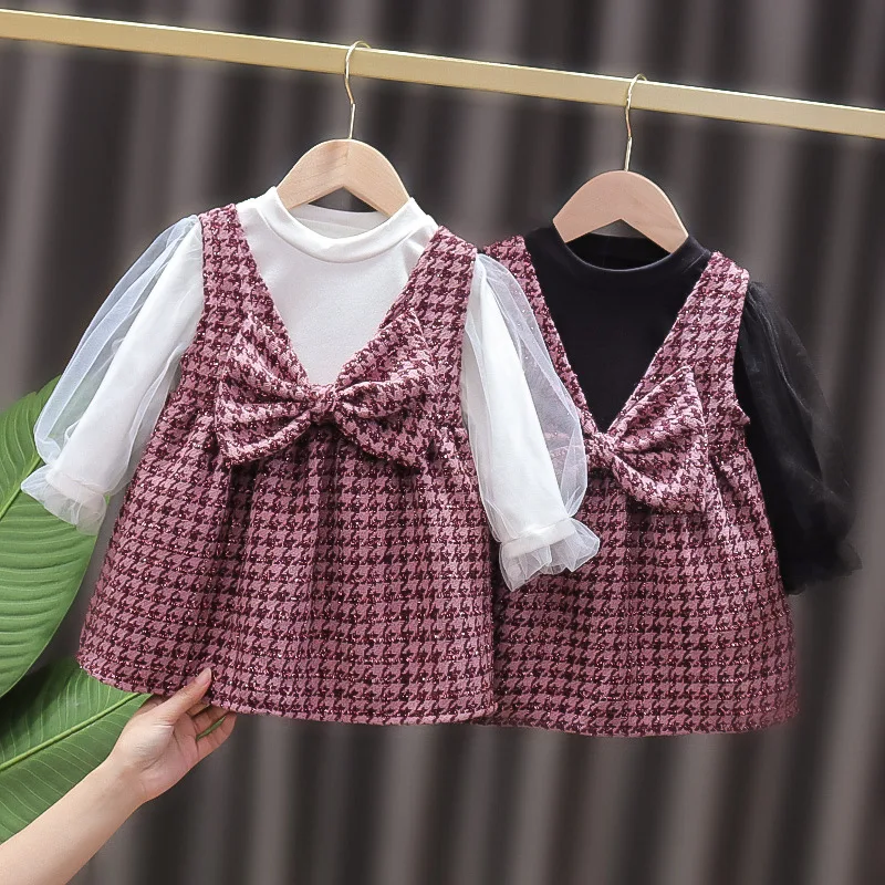 

fall winter Toddler Kid Girl 2pcs outfits set long mesh sleeve tops+plaid suspender dress Skirt Outfit Set clothes, As image shown