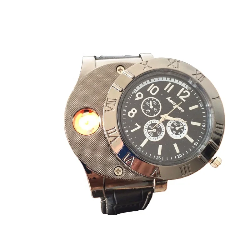 

Bestseller Windproof USB Rechargeable Lighter Watches Men Wrist Electric Cigarette Lighter Quartz Watch For Men, Black / brown