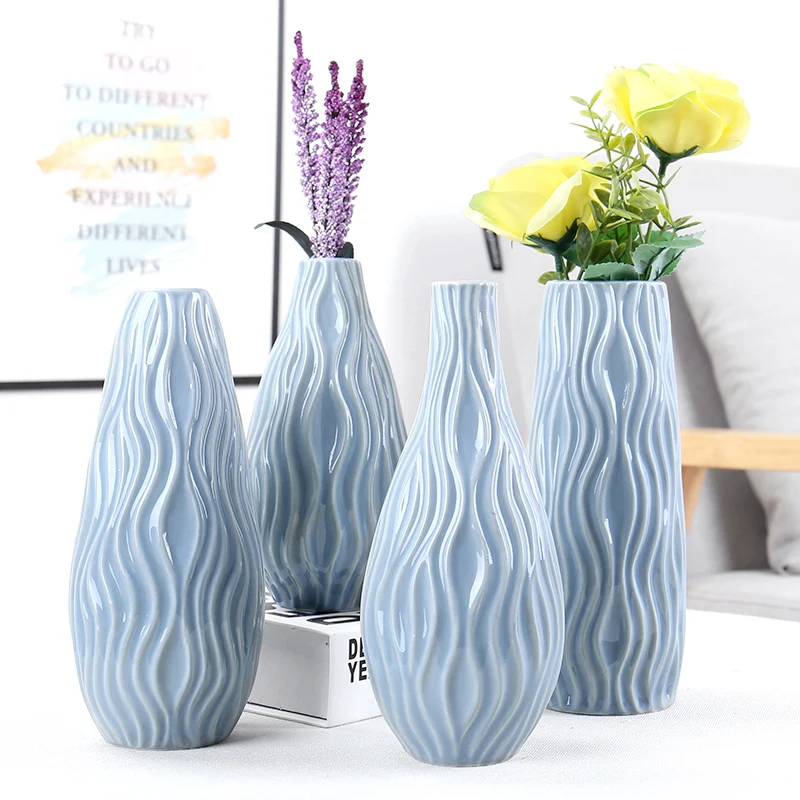 

Simple style modern raised grain blue ceramic tall vases Ceramic blue set flower vase for home or office decor
