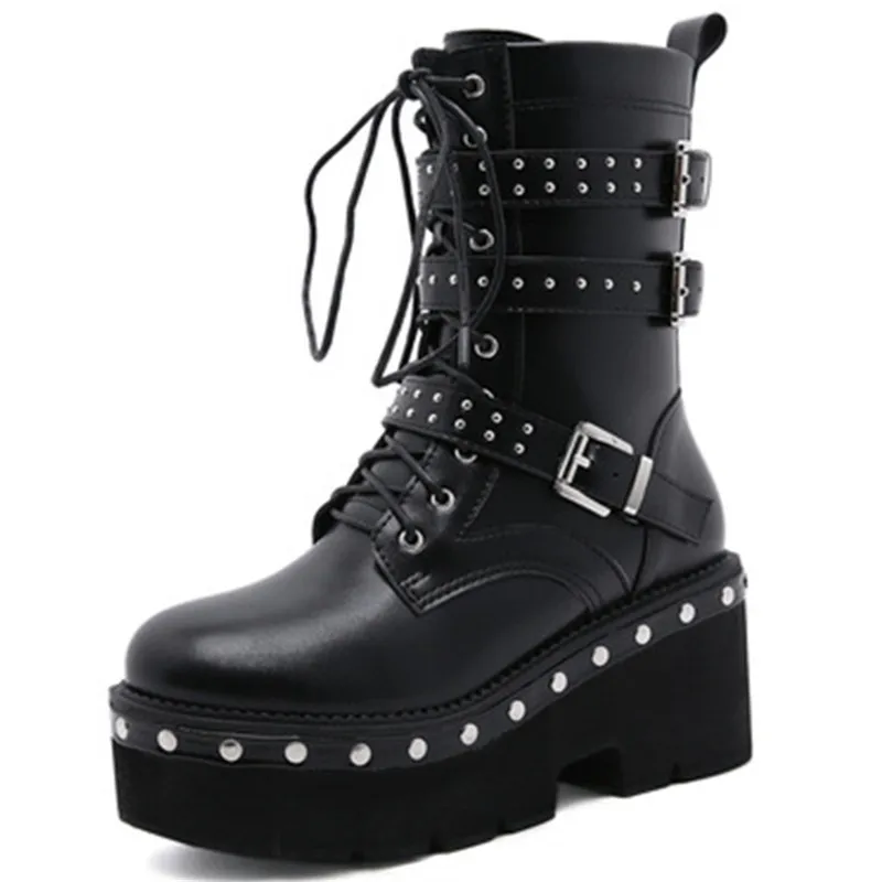 

Dropshiping Custom Logo Women Street Punk Style Boots Platform Metal Chain Boot Autumn Fashion Lady zipper Ankle Shoes