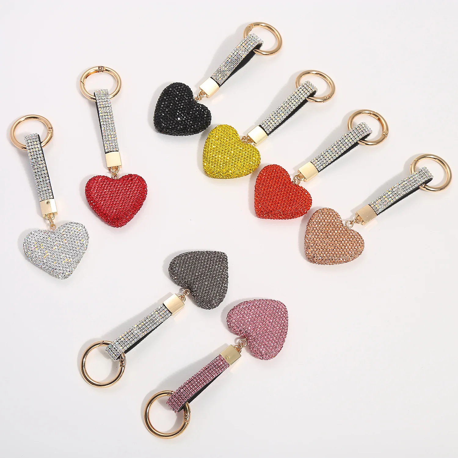 

New Design Cute Heart Shape Keychain Accessories Full Diamond Colored Rhinestone Heart Schoolbag Car Keychain