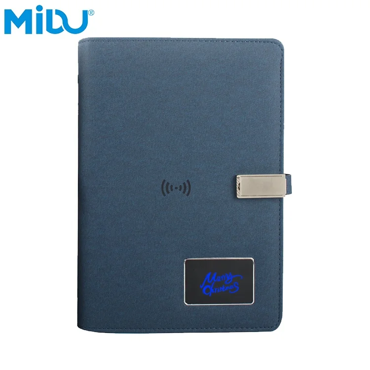 

Custom LED LOGO Wireless Charging A5 Notebook Diary 8000mah Power Bank 8GB USB PU Leather Notebook, Black, blue, customized