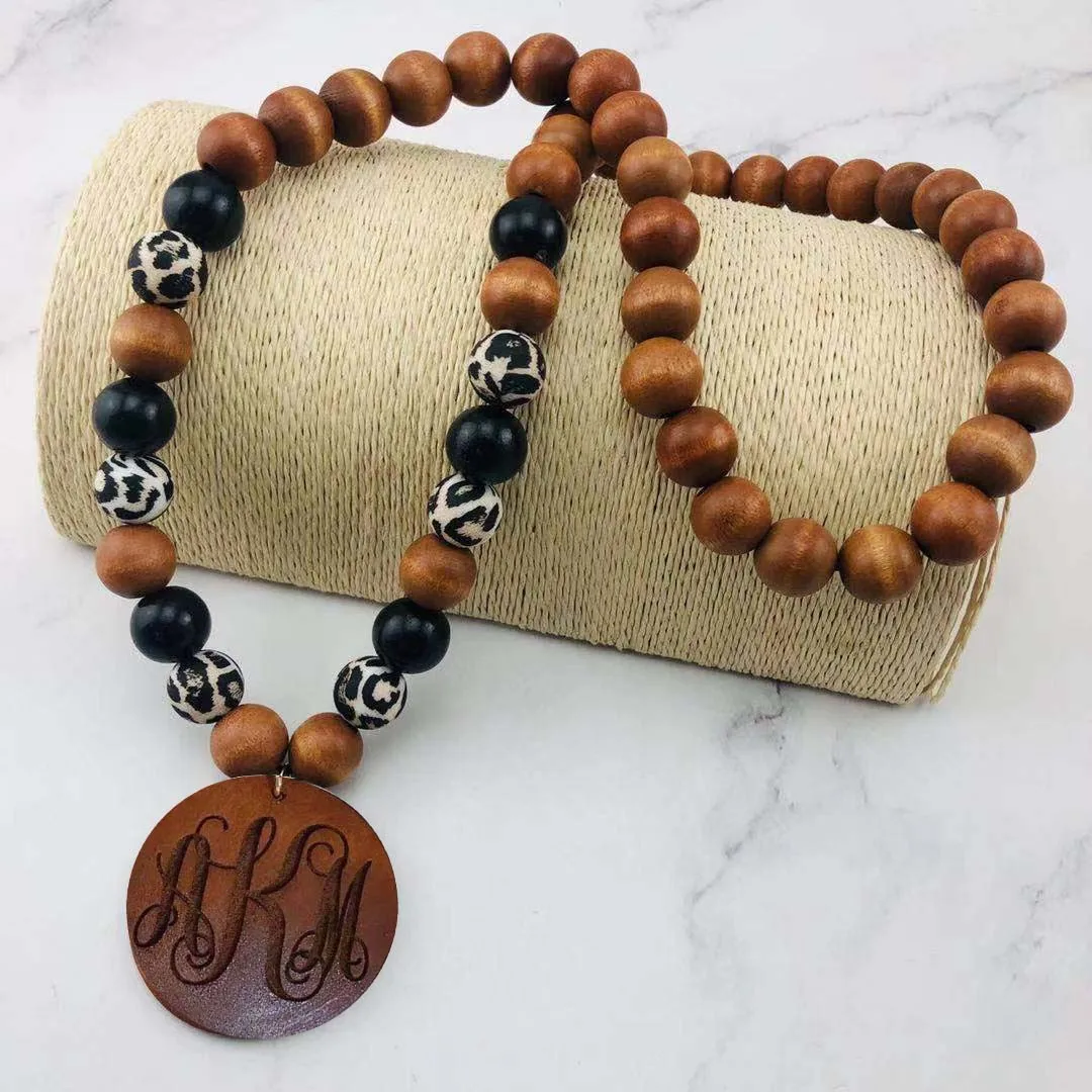 

Monogram personalized blank wooden disc pendant wooden beads necklace, Wood