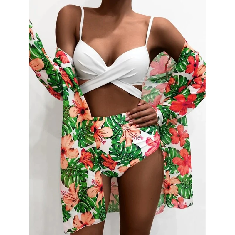 

2021 new designer Amazon euro america printing bikini sexy women swimwear beach bathing suits 3 pieces cover up ruched bikini, Customized color