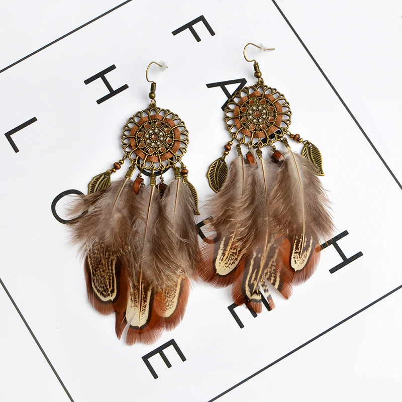 Indian Style Dreamcatcher Beads Danglers Long Feather Drop Earrings ...