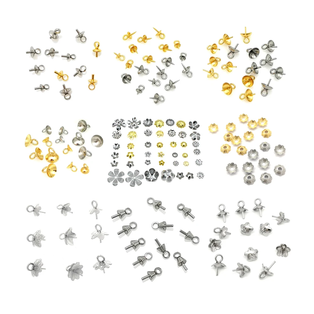 

100pcs/bag Stainless Steel Flower Bail Connectors Eye Pin Pearl Screw Pendant Holder Flower Bead Caps For DIY Jewelry Making
