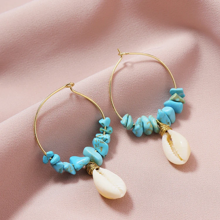 

Bohemian Hot Sales Natural Stone Gold Plated Shell Hoop Earrings Turquoise Gem Stone Earring, Picture