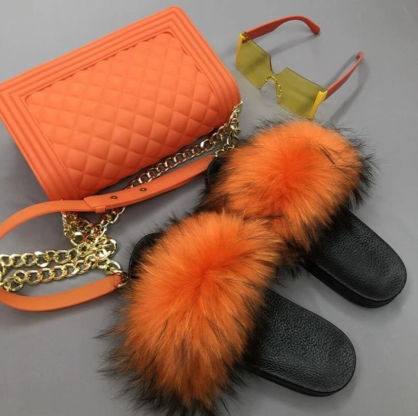 

Wholesale Women's Furry Slides Rainbow Jelly Chain Bag Shoes Sets Ladies Fluffy Fox Fur Slippers Crossbody Purse Matte Handbag, Rainbow,block,mixed color,hot pink,natural raccoon