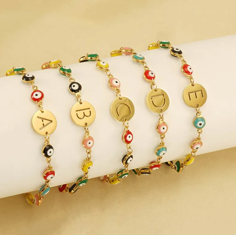 

Golden Colorful Enamel Devil's Eye Lady 18K Gold Stainless Steel 26 Letter A-Z Bracelet