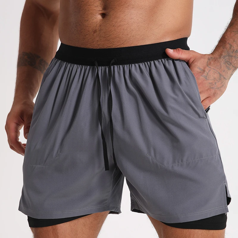 

Men 2 In 1 Gym Shorts Men Zip Pockets Fitness Bodybuilding Dry Fit Sports Shorts Men Jogger Liner Shorts