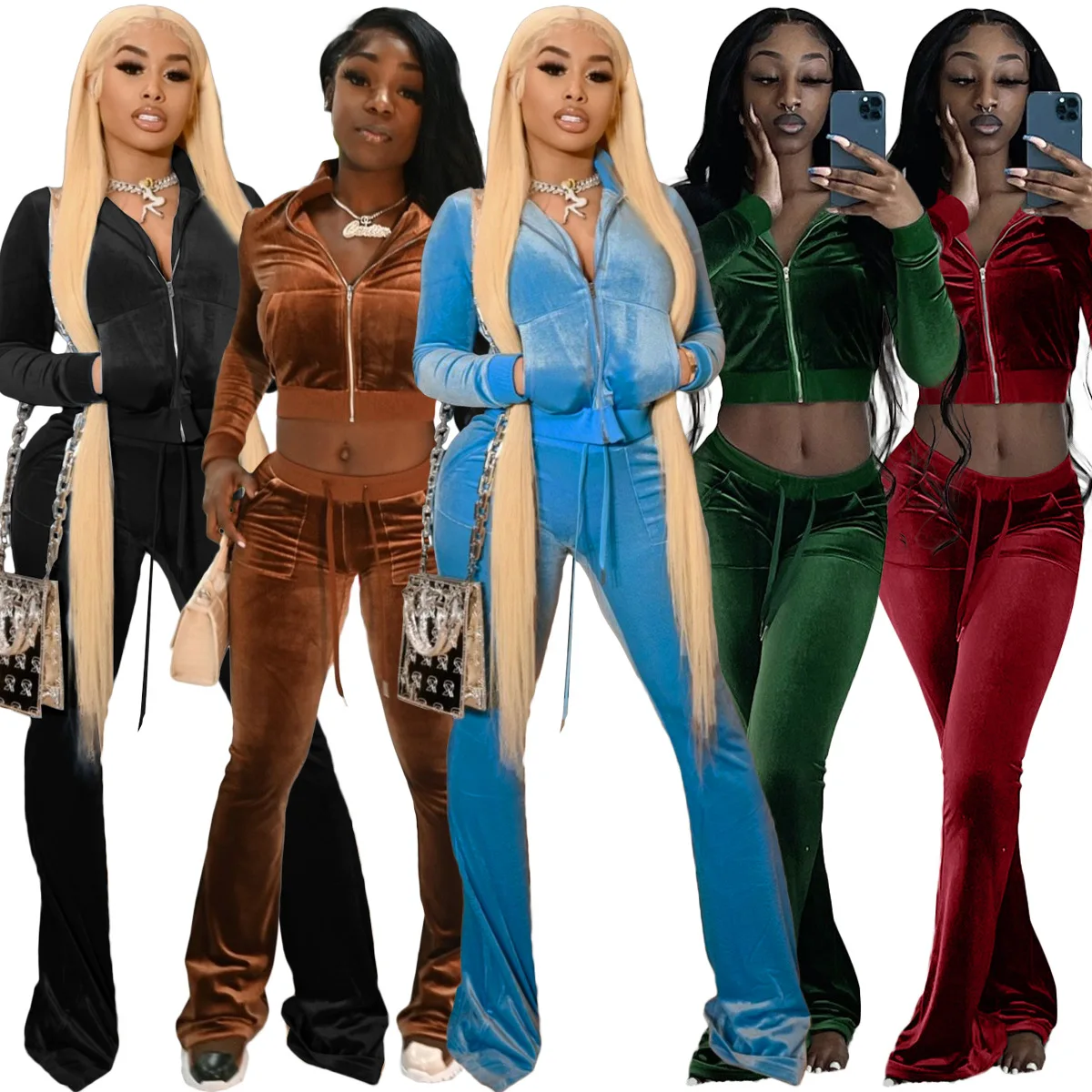 

Vendors Wholesale Clothing New Arrival 2021 Velvet Crop Top Zipper Club Women Velour Two Piece Set