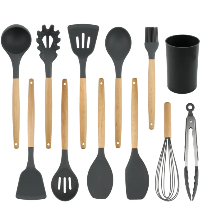 Non-slip Amazon 9pcs Wooden Handle 12pcs Silicone Kitchen Utensils Set