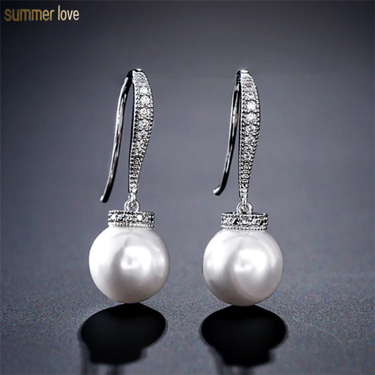 

Vintage French Shinning Faux Pearl CZ Stone Zirconia Long Drop Earrings For Wedding Women Bridal Jewelry, As picture