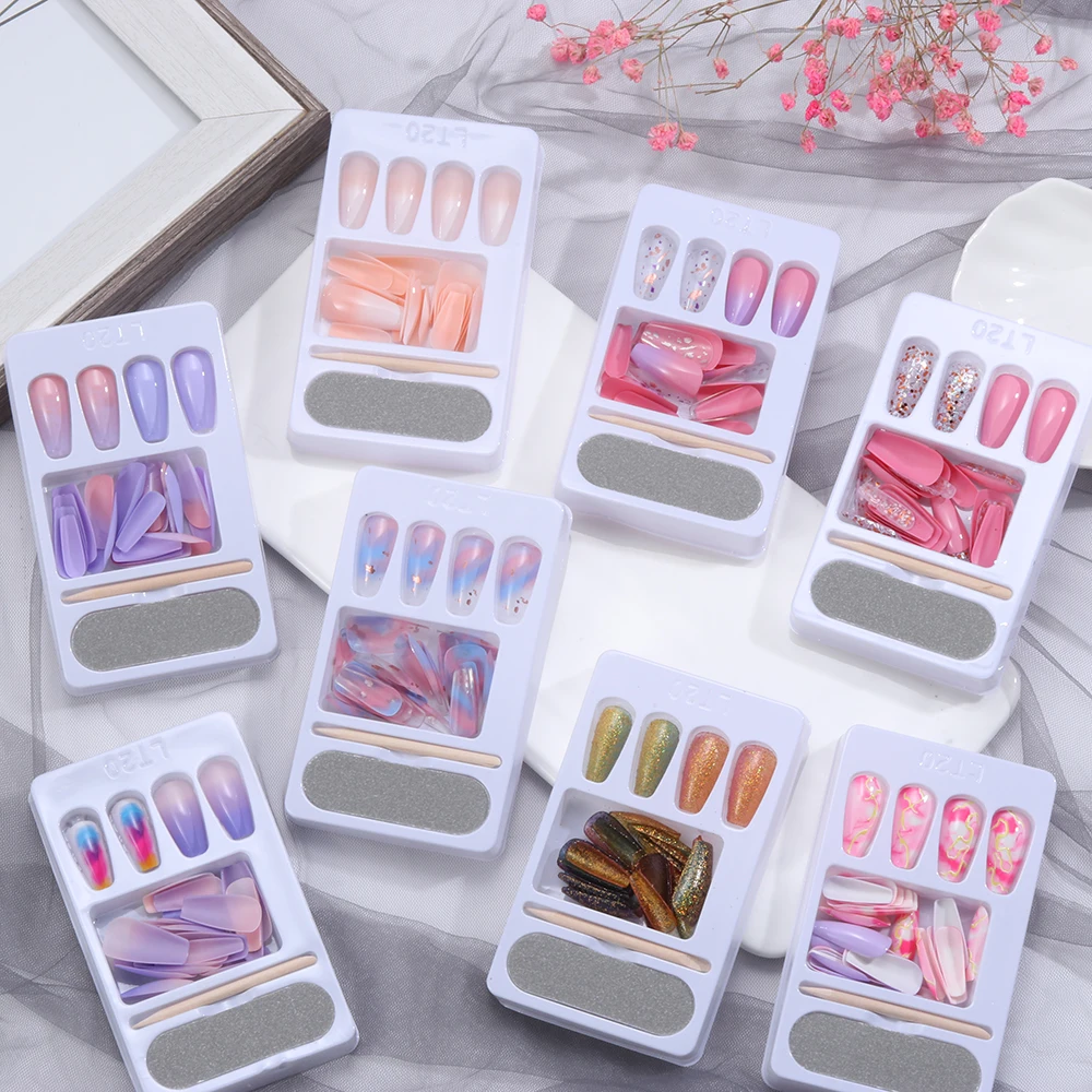 

Trending products 2022 new arrivals press on nail packaging french glitter hand made coffin ballerina designer press on nails, Picture color